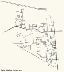 Black simple detailed street roads map on vintage beige background of the quarter Brink-Hafen borough district of Hanover, Germany