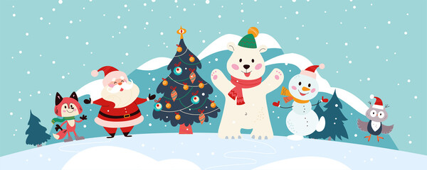 Winter holiday illustration with cute animal characters polar bear, owl, fox,  Santa, xmas fir tree on snowy mountain landscape. Vector cartoon flat concept. For card, package, banner, invitation.