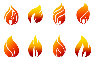 Fire icons in red orange yellow gradient color on white background set 3