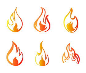 Fire icons in red orange yellow gradient color on white background set 2