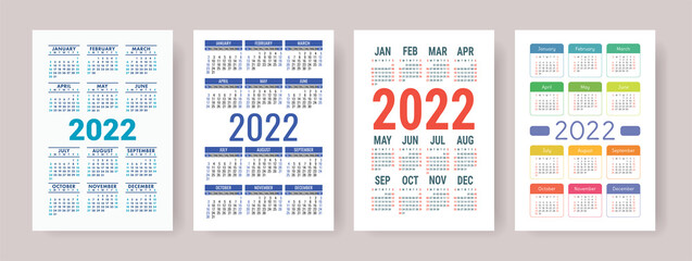 Calendar 2022 year set. Vector template collection. Simple design. Week starts on Sunday. January, February, March, April, May, June, July, August, September, October, November, December