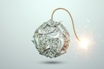 Bomb from money banknotes with a burning wick against white background. The concept of financial...