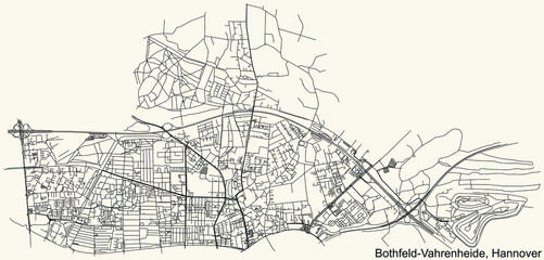 Black simple detailed street roads map on vintage beige background of the quarter Bothfeld-Vahrenheide district of Hanover, Germany