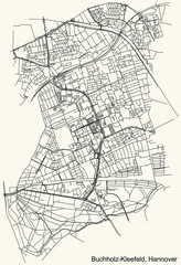 Black simple detailed street roads map on vintage beige background of the quarter Buchholz-Kleefeld district of Hanover, Germany