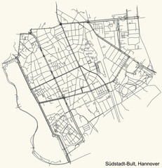 Fototapeta na wymiar Black simple detailed street roads map on vintage beige background of the quarter Südstadt-Bult district of Hanover, Germany