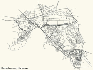 Black simple detailed street roads map on vintage beige background of the quarter Herrenhausen-Stöcken district of Hanover, Germany