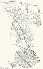 Black simple detailed street roads map on vintage beige background of the quarter Nord district of Hanover, Germany