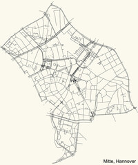 Black simple detailed street roads map on vintage beige background of the quarter Mitte borough district of Hanover, Germany