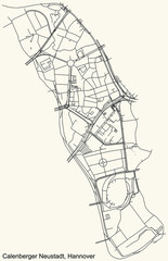 Black simple detailed street roads map on vintage beige background of the quarter Calenberger Neustadt borough district of Hanover, Germany
