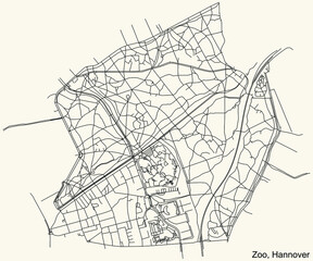Black simple detailed street roads map on vintage beige background of the quarter Zoo borough district of Hanover, Germany