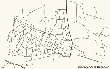 Fototapeta na wymiar Black simple detailed street roads map on vintage beige background of the quarter Isernhagen-Süd borough district of Hanover, Germany