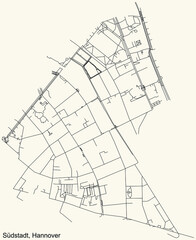 Black simple detailed street roads map on vintage beige background of the quarter Südstadt borough district of Hanover, Germany