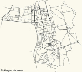 Fototapeta premium Black simple detailed street roads map on vintage beige background of the quarter Ricklingen borough district of Hanover, Germany