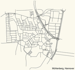 Black simple detailed street roads map on vintage beige background of the quarter Mühlenberg borough district of Hanover, Germany