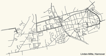 Black simple detailed street roads map on vintage beige background of the quarter Linden-Mitte borough district of Hanover, Germany