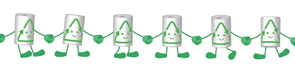 手をつないで並ぶアルミ缶リサイクルキャラクター - obrazy, fototapety, plakaty