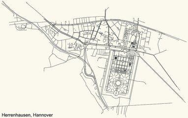 Black simple detailed street roads map on vintage beige background of the quarter Herrenhausen borough district of Hanover, Germany