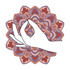 Gyan mudra on the background of the mandala. Vector illustration - obrazy, fototapety, plakaty