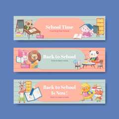 Banner template with back to school and cute animals concept,watercolor style