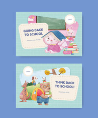 Facebook template with back to school and cute animals concept,watercolor style