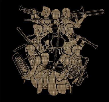 Group of Musician Orchestra Instrument Cartoon Graphic Vector
