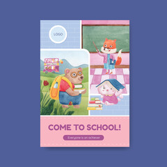 Poster template with back to school and cute animals concept,watercolor style