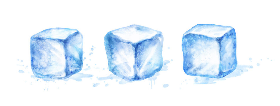 Watercolor isolated illustration of ice cubes