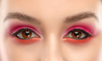 Fototapeta premium Beautiful woman with long eyelashes, beautiful make-up and thick eyebrows. Looking at the camera. Professional makeup and cosmetology skin care.