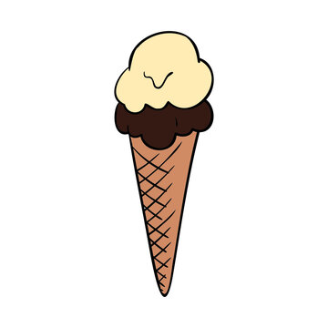 ice cream cone with two scoops of ice cream. chocolate, vanilla.