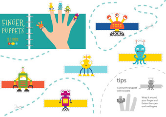 Finger puppet vector robots. Cut and glue educational worksheet for little children