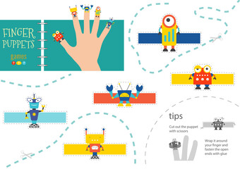 Finger puppet vector robots. Cut and glue educational worksheet for preschool or school kids