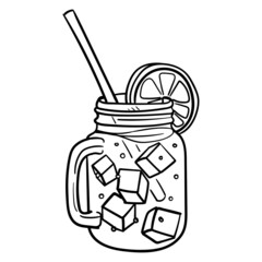 iced tea comic drawing with straw and lemon wedge. monochrome, outline, isolated.