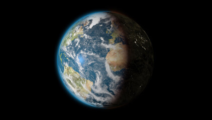 Terre vue depuis l'espace avec atmosphère et villes éclairées dans la partie sombre.