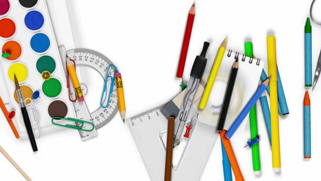 Horizontal composition of colorful school supplies falling downwards. School and Education background with white space. High quality 4k video.