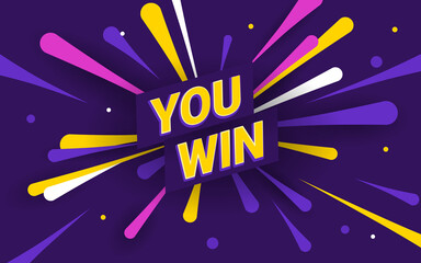 Win celebration illustration. Rich violet background with text you win and fireworks and stars on the background. Template for website, mailing or print.
