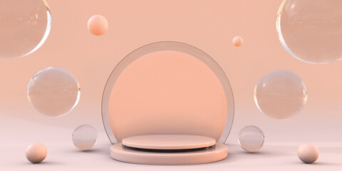 3D beige pastel round podium with cream bubbles. Pedestal for skincare product on pastel pink background. Banner for branding and packaging presentation