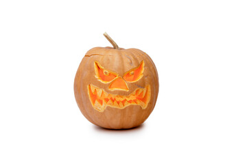 Jack-o-Lantern Pumpkin on white background. Autumn holiday, isolated subject.