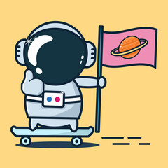
vector illustration of astronaut riding a skateboard and carrying a flag