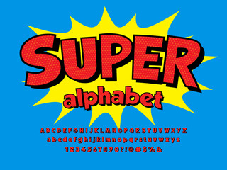 Naklejka premium Comical halftone style alphabet design with uppercase, lowercase, numbers and symbols