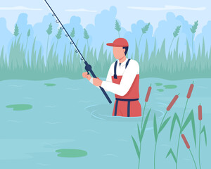 Wade fishing flat color vector illustration. Angling without boat. Catching trout and redfish in pond, river. Angler with fishing rod 2D cartoon character with lake and reed grass on background