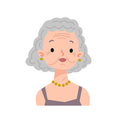 Portrait of a beautiful elderly woman in beads and earrings. Vector illustration in cartoon children s style. Isolated funny clipart on a white background. Cute print old man avatar