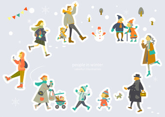 いろいろな人々が歩く冬の街