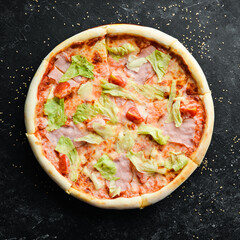 Traditional pizza with bacon and iceberg lettuce. Italian food. Top view.