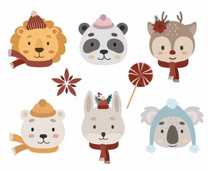 Christmas animals with gift box. Scandinavian Bear, rabbit, hare, deer, lollipop, koala, panda, lion, candy. Christmas tree with Christmas decorations. New Year 2022.
