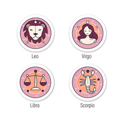 Zodiac stickers icons. Fourth fire signs in zodiac. Birth symbols badges for designs. . Leo, virgo, scorpio, libra. Mystic horoscope signs vector emblem
