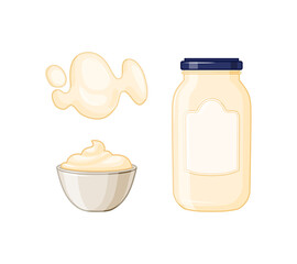 Mayonnaise sauce bottle, stain, sauce pot set on a white isolated background. A set of icons for food packaging, layout. A glass bottle of mayonnaise in the cartoon style. Vector illustration