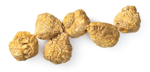 Dried Maca roots isolated on white background, top view