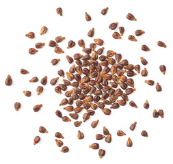 Heap of grape seeds isolated on white background, top view