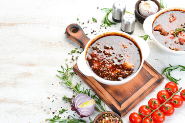 Bograch. Vegetable soup with meat and hot chili peppers. Hungarian traditional food. Top view. Free space for your text.