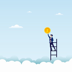 Success icon vector concept: businessman climbing the sky ladder to reach the coin. Flat vector template style Suitable for Web Landing Pages.
